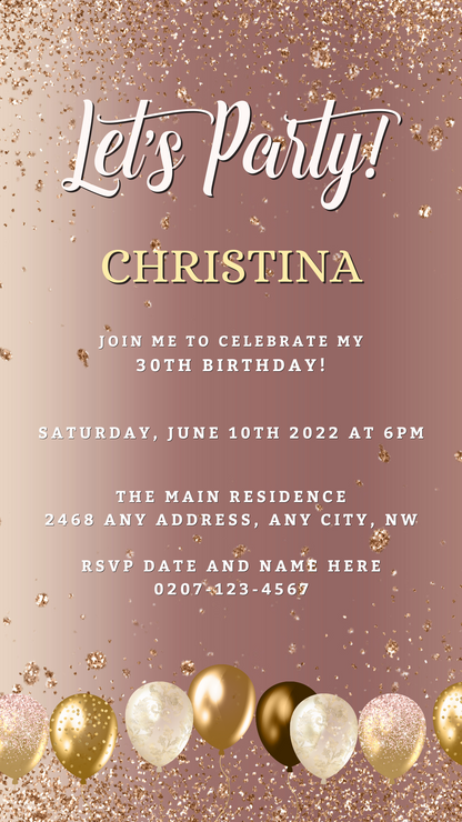 Rose Gold Balloons | Editable Birthday Evite featuring a pink and gold invitation with customizable text and digital download options.