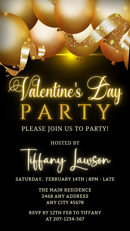 Black and gold digital invitation with gold balloons and ribbons for a customizable Valentine's Day party evite, editable via Canva on various devices.