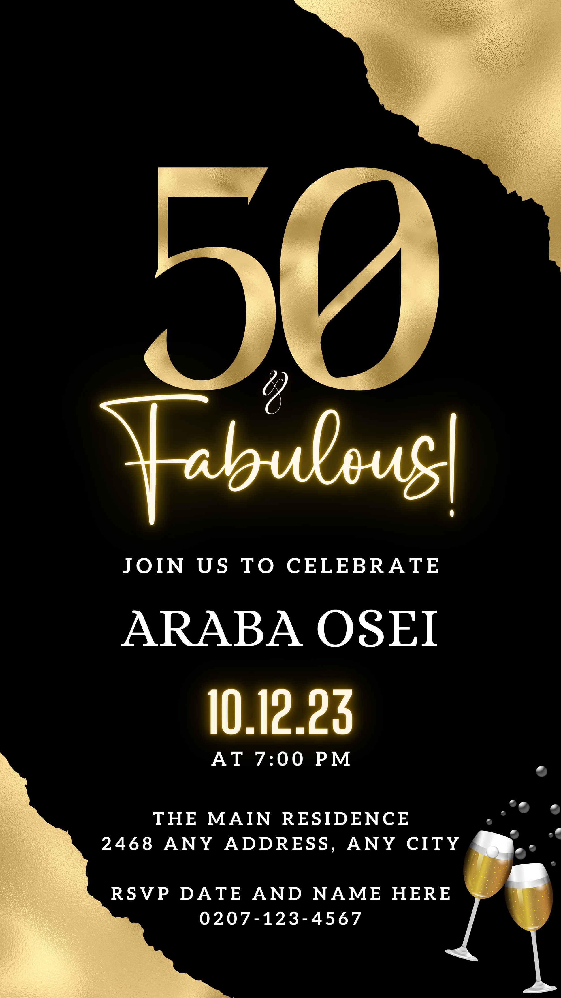 Customizable digital invitation with black and gold design, titled Gold Neon Black | 50 & Fabulous Party Evite, editable via Canva for easy personalization and electronic sharing.