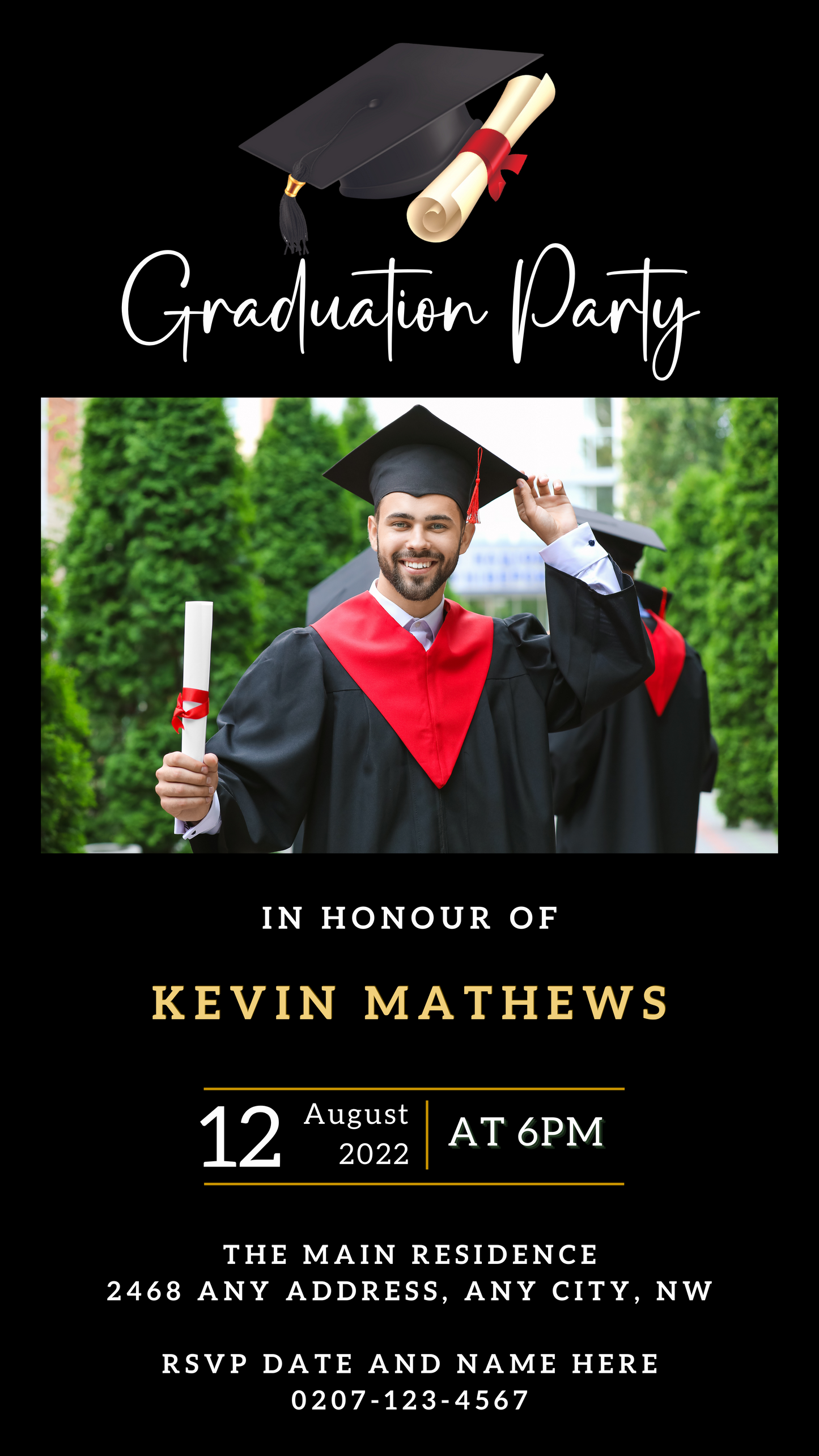 Personalised Black & Gold Graduation Party Invitation featuring a graduate in a gown holding a diploma, showcasing a customisable photo section and elegant design.