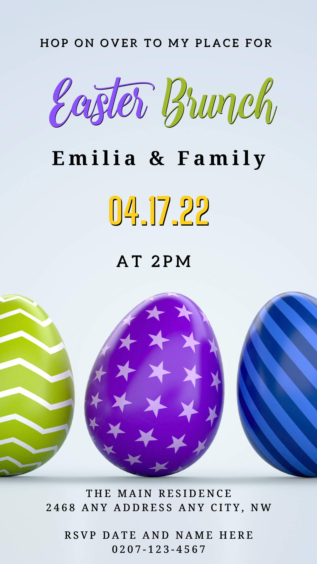 Green Lilac Easter Eggs | Easter Brunch Party Evite: A digital template featuring colorful Easter eggs, customizable via Canva for electronic invitations.