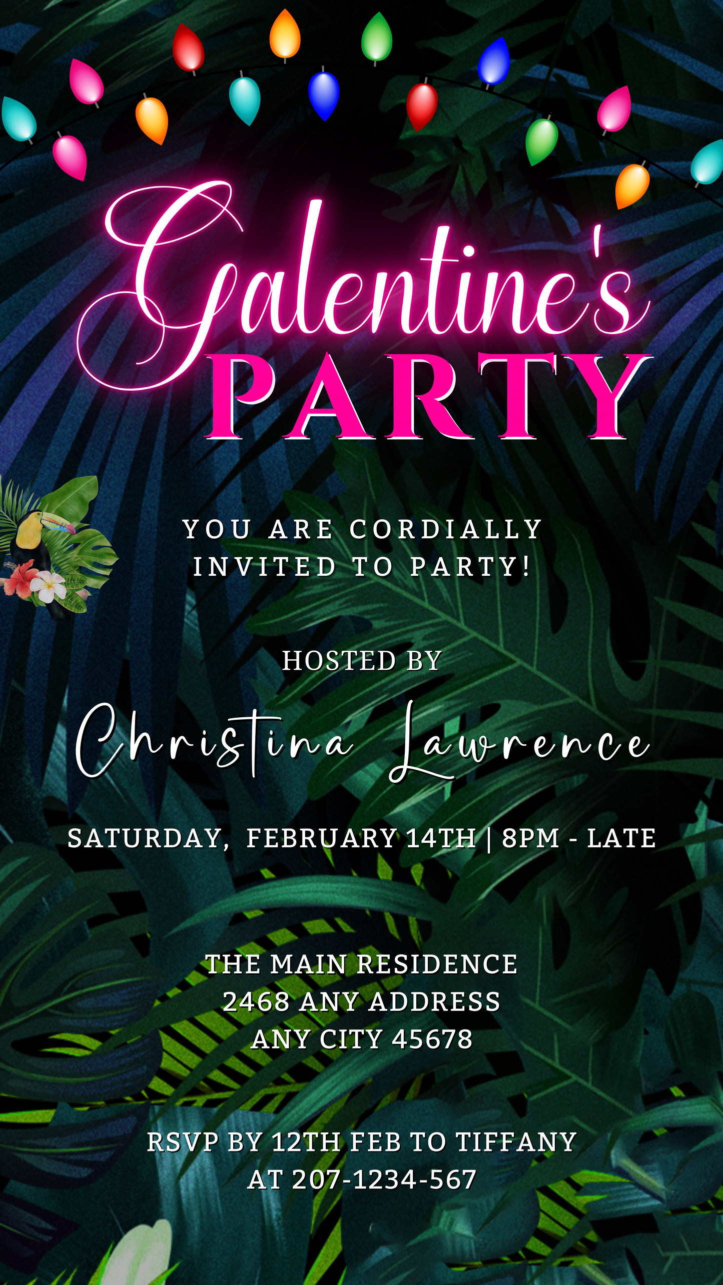 Tropical Neon Pink Galentines Brunch Party Evite featuring tropical leaves, flowers, and editable text, designed for customization via Canva and digital sharing.