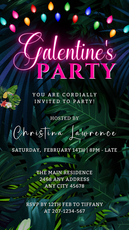 Tropical Neon Pink Galentines Brunch Party Evite featuring tropical leaves, flowers, and editable text, designed for customization via Canva and digital sharing.