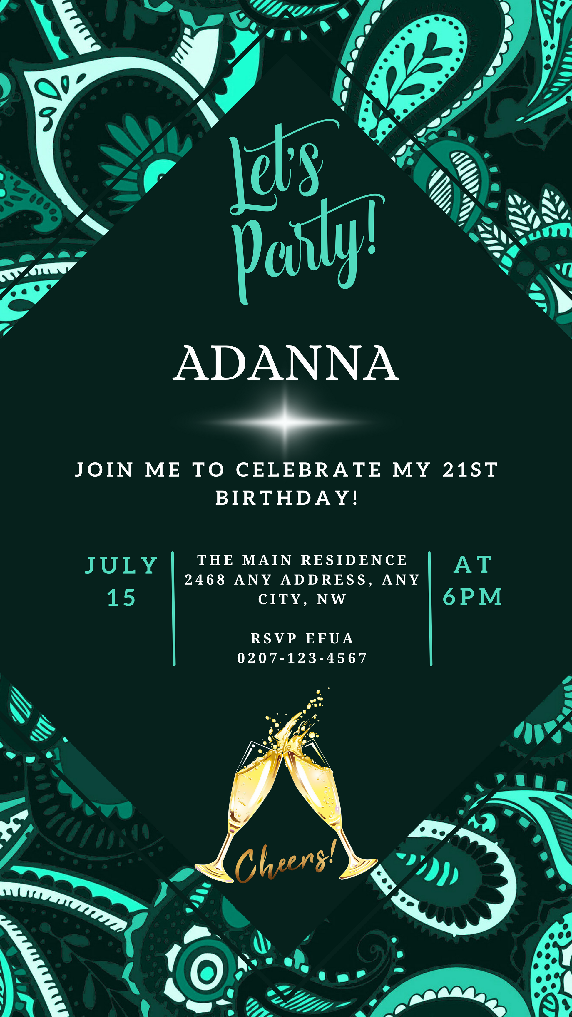 Green White African Ankara Editable Party Evite featuring gold champagne glasses and customizable text for digital invitations via Canva. Perfect for various celebrations.