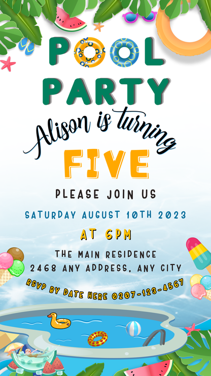 Kids Birthday Pool Party | Digital Invite featuring customizable text and ice cream cone graphics, editable via Canva for smartphones.