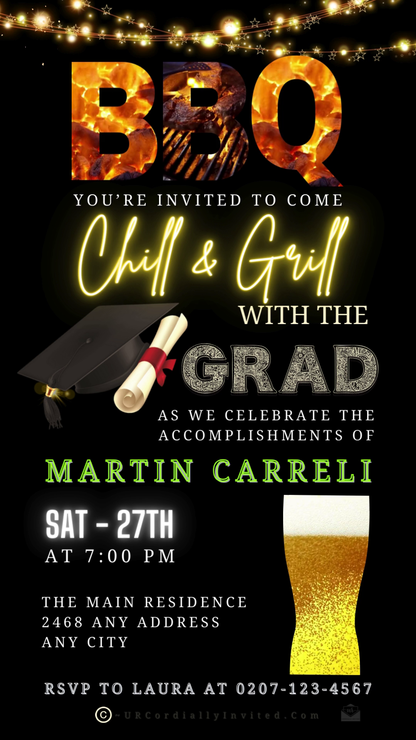 BBQ Chill & Grill | Graduation Video Invitation featuring editable text and design elements for a customized digital invite, viewable on smartphones via Canva.