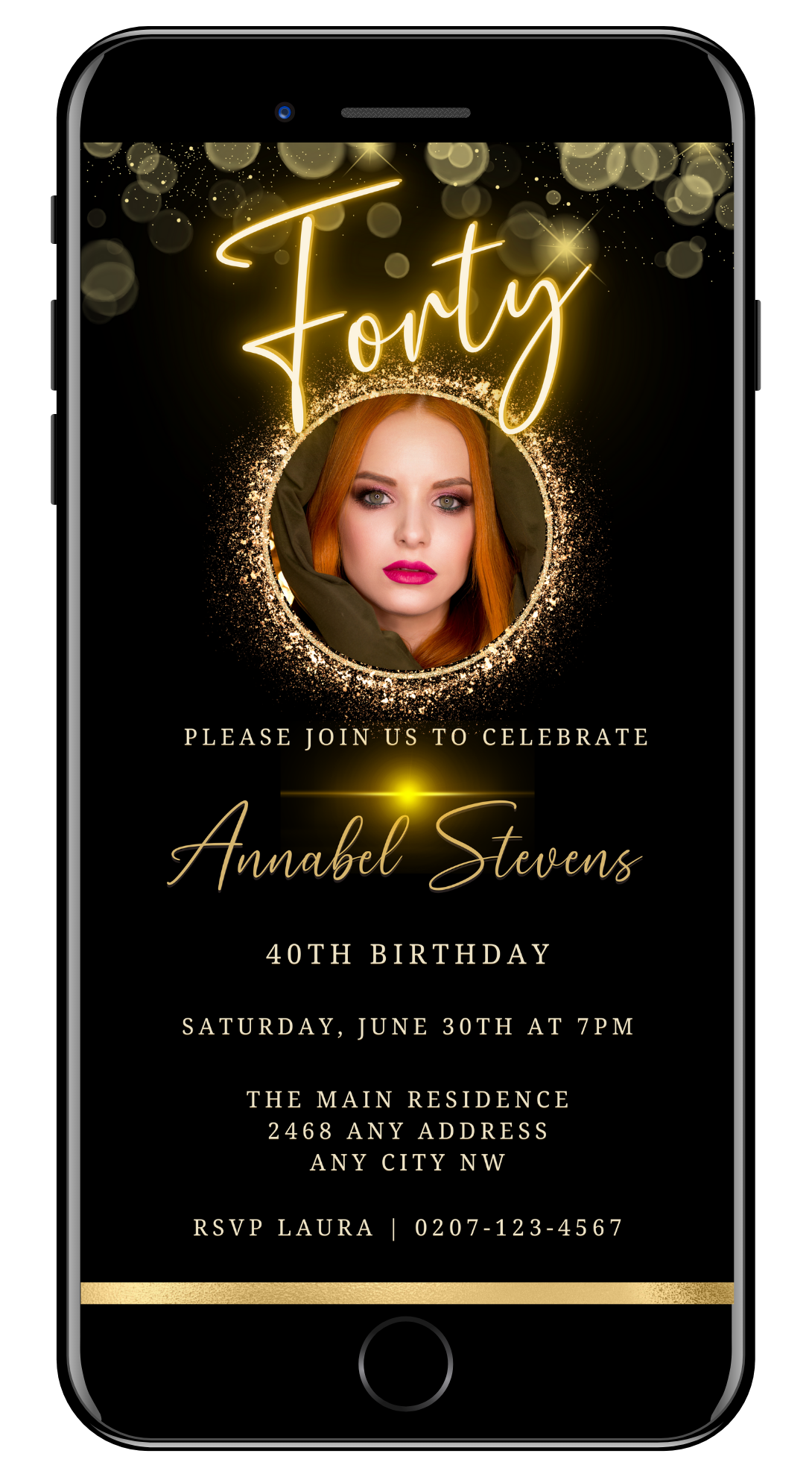 Customizable Digital Oval Gold Photo Frame Neon | 40th Birthday Evite template displayed on a smartphone screen featuring a woman with red hair.