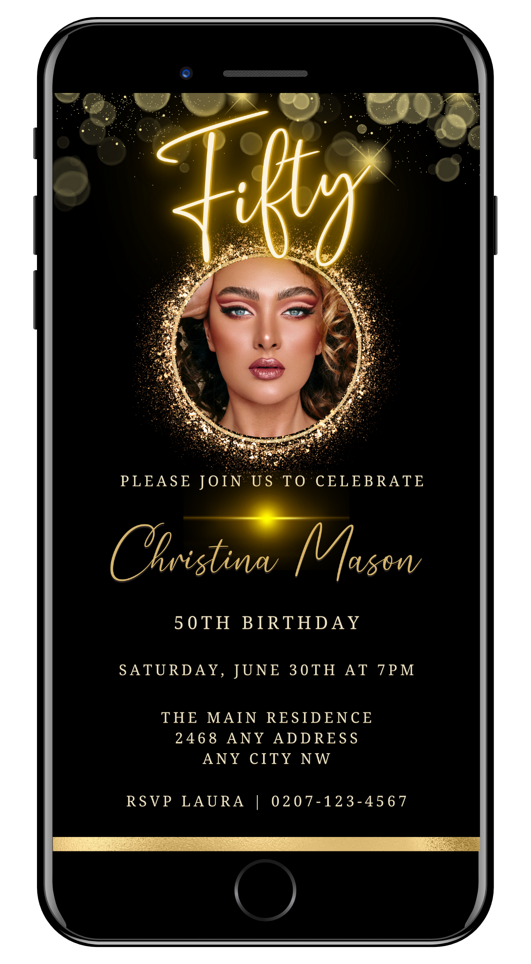 Customizable Digital Gold Neon 50th Birthday Evite on a phone screen, featuring a woman's face and editable text for personalizing event details with Canva.