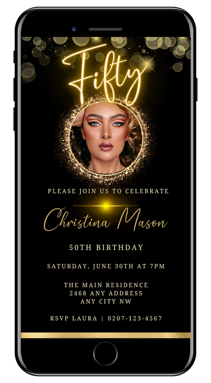 Customizable Digital Gold Neon 50th Birthday Evite on a phone screen, featuring a woman's face and editable text for personalizing event details with Canva.