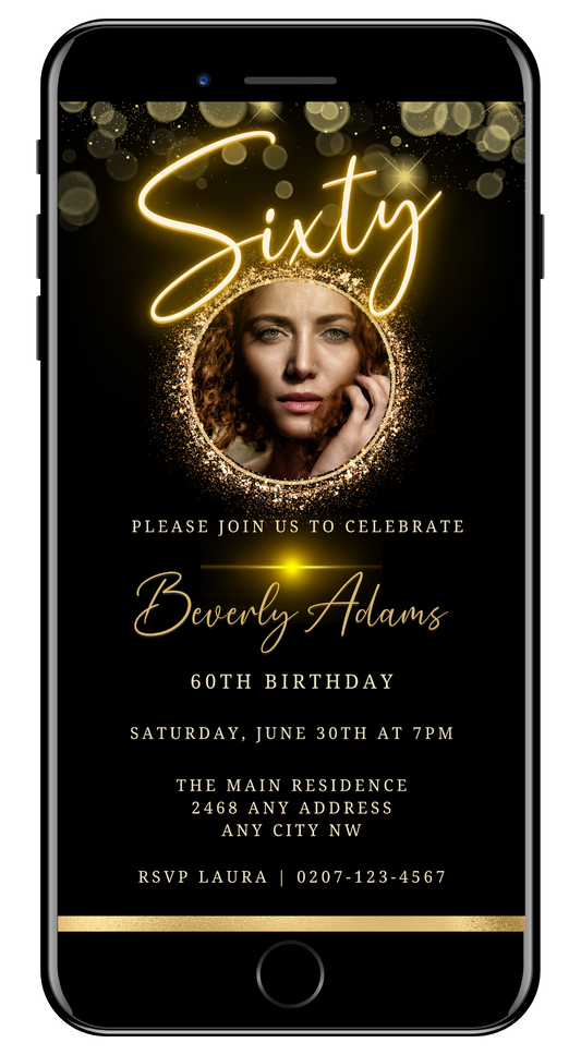 Gold Neon W/Oval Photo Frame 60th Birthday Evite displayed on a smartphone with a woman's face and decorative lights.