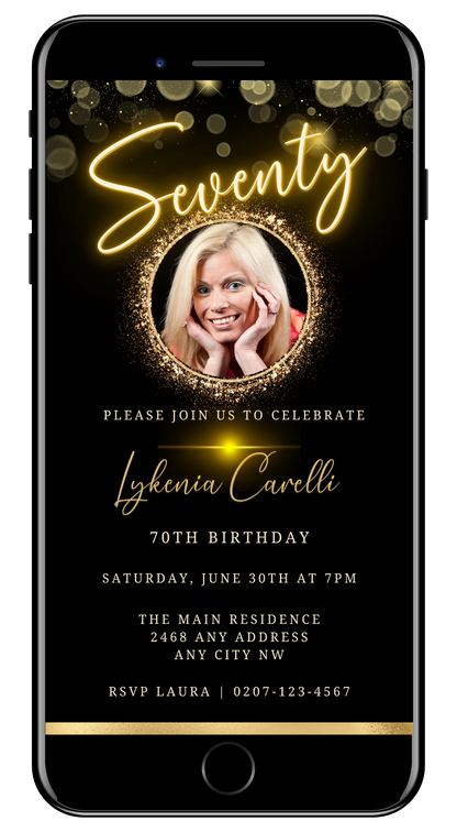 Customizable Gold Neon 70th Birthday Evite with woman's face on phone screen, editable via Canva for text, font, and images.