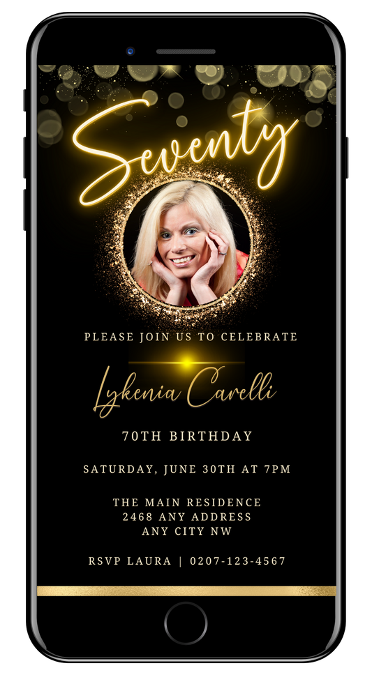 Customizable Gold Neon 70th Birthday Evite with woman's face on phone screen, editable via Canva for text, font, and images.