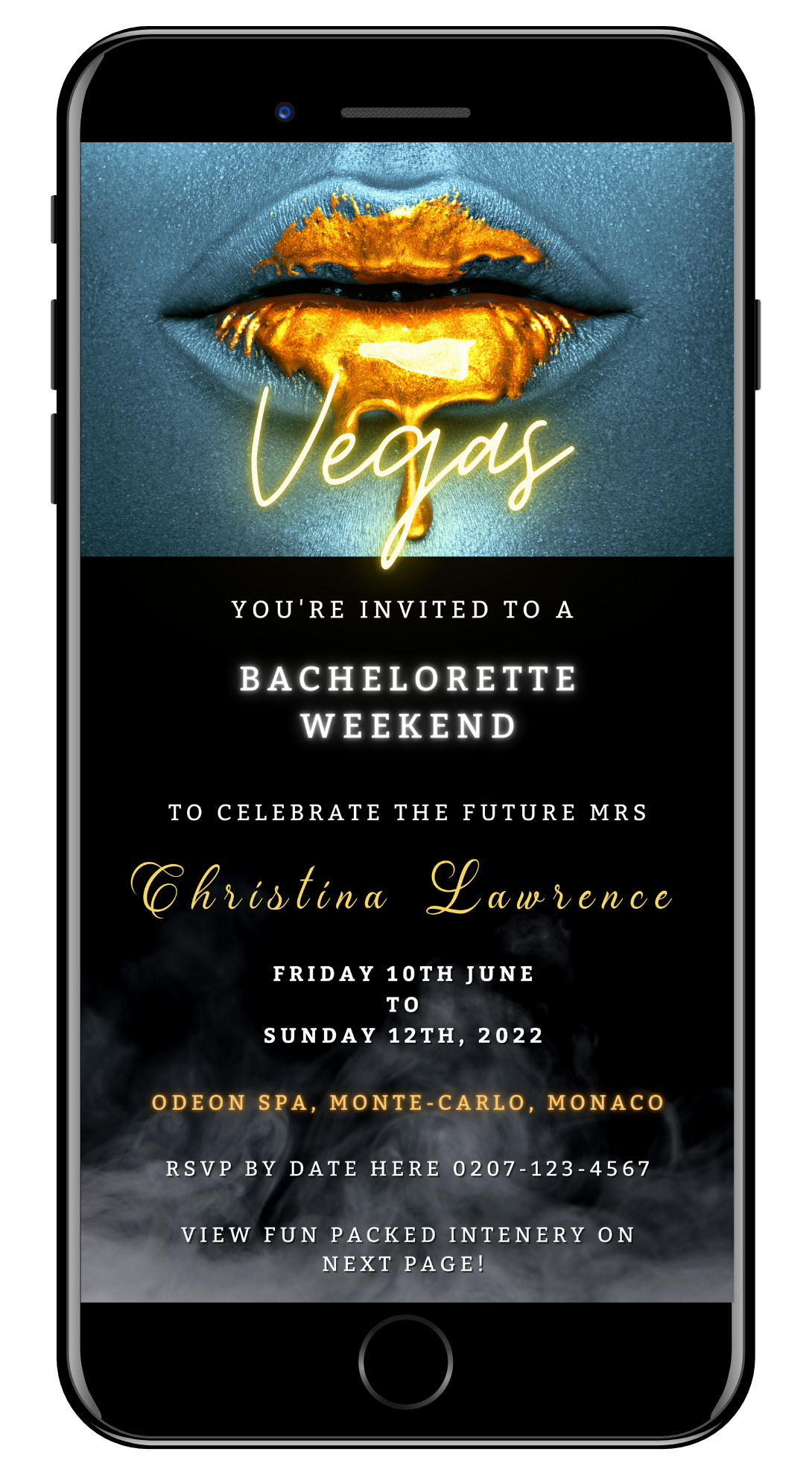 Customizable Smoking Silver Gold Hot Lips Neon digital invitation for bachelorette events, displayed on a smartphone screen with editable text via Canva.