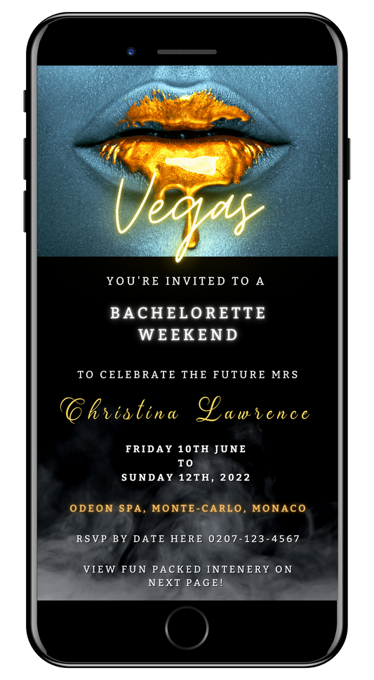 Customizable Smoking Silver Gold Hot Lips Neon digital invitation for bachelorette events, displayed on a smartphone screen with editable text via Canva.