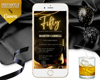 Men's Gold Neon Cigar 50th Birthday Evite displayed on a smartphone screen with drink icons, customizable via Canva for digital invitations.