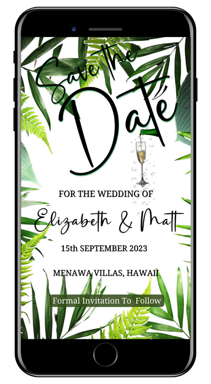 Smartphone displaying a customizable White Tropical Destination | Save The Date Wedding Evite featuring champagne and green leaves, editable via Canva for digital sharing.