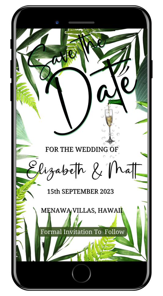 Smartphone displaying a customizable White Tropical Destination | Save The Date Wedding Evite featuring champagne and green leaves, editable via Canva for digital sharing.