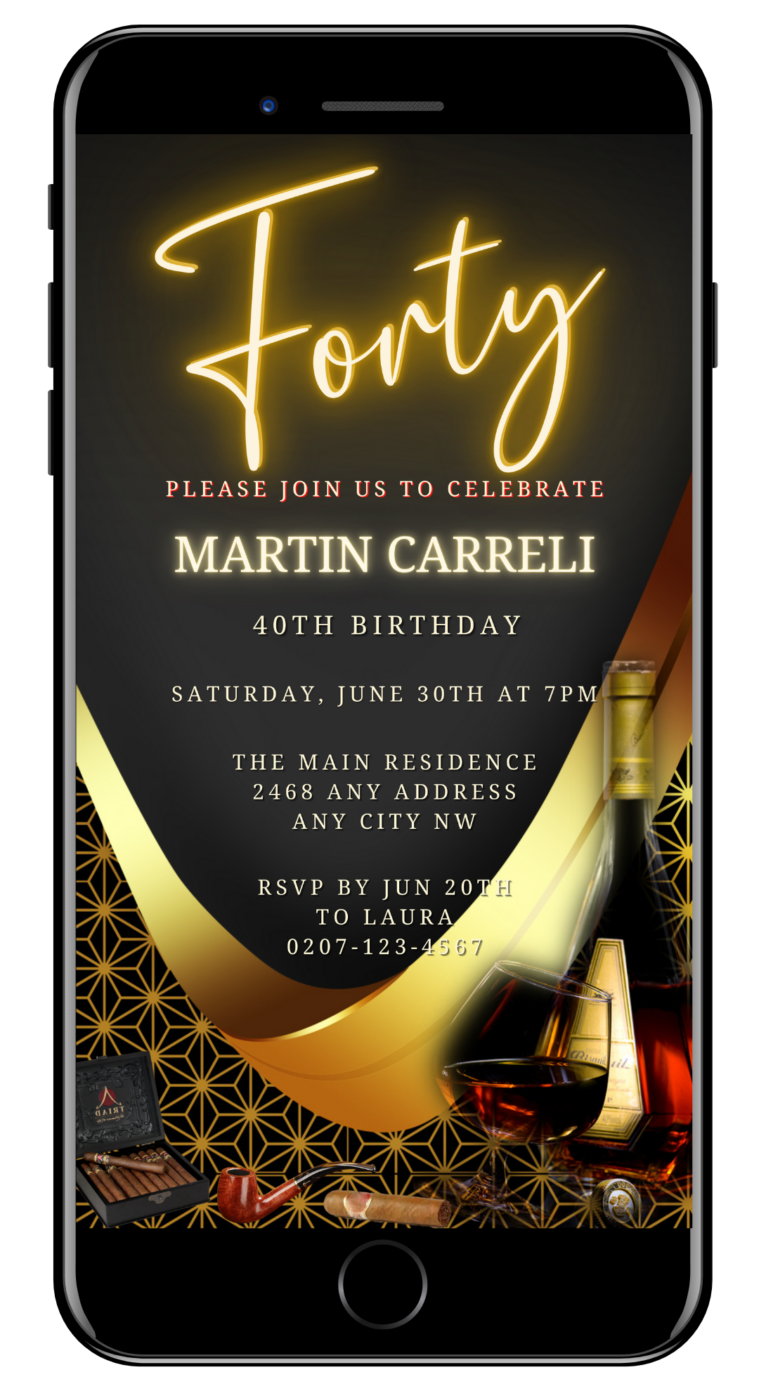 Digital Black Neon Gold Cigar Men's 40th Birthday Evite displayed on a smartphone screen, customizable via Canva, featuring a sophisticated black and gold design.