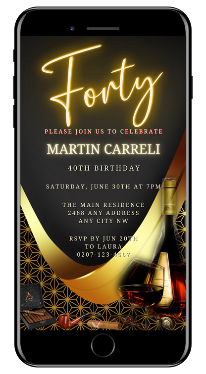 Digital Black Neon Gold Cigar Men's 40th Birthday Evite displayed on a smartphone screen, customizable via Canva, featuring a sophisticated black and gold design.