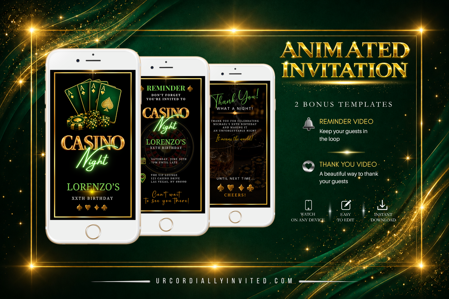Casino Night Green & Gold Animated Invitation Suite