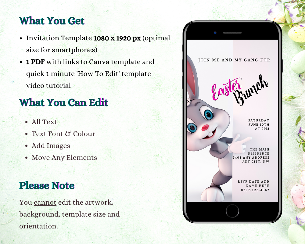 Editable Cute Easter Bunny & Friends Easter Evite displayed on a smartphone screen, featuring a cartoon rabbit holding a sign.