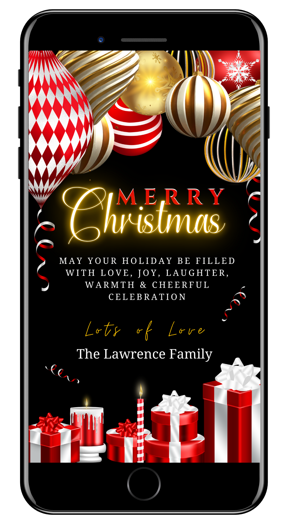 Gold Red Neon Presents | Merry Christmas Greeting Ecard displayed on a smartphone screen with balloons and gift boxes, ready for customization via Canva.