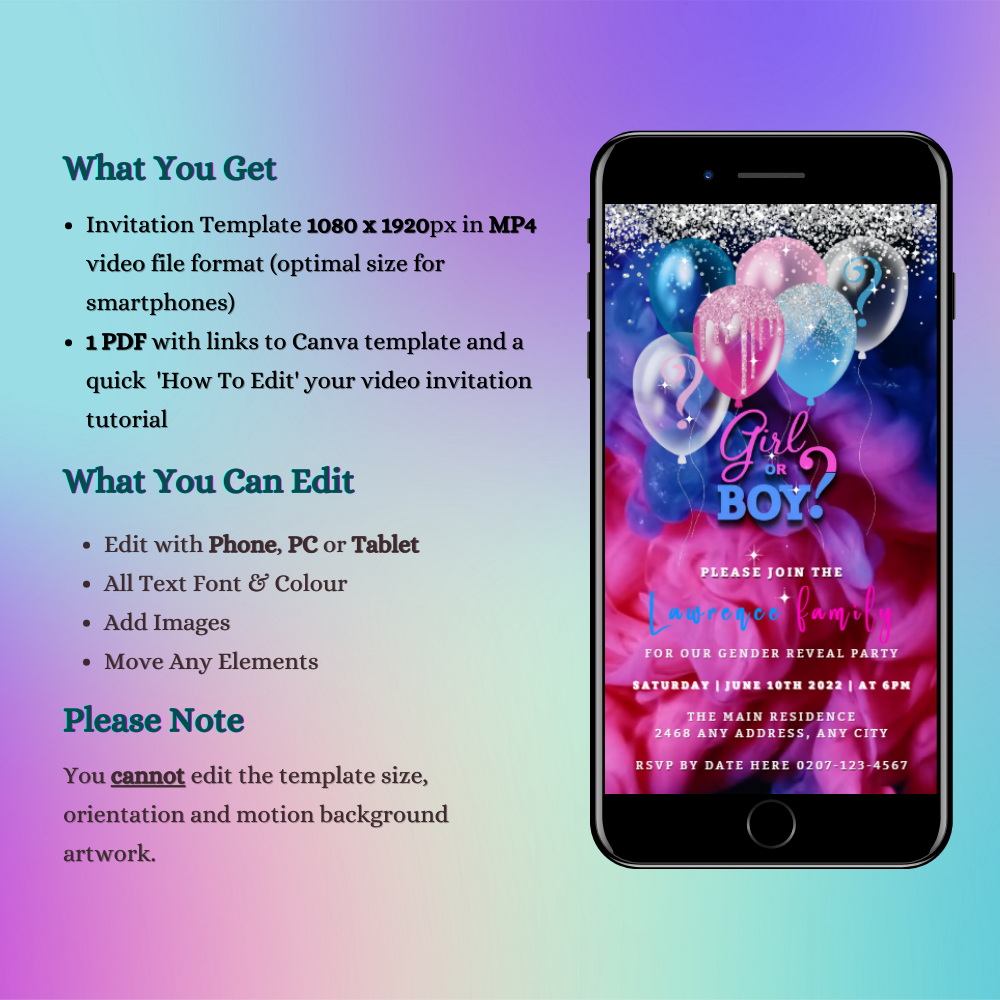 Customizable Digital Confetti Sparkle Ink Cloud Balloons Gender Reveal Party Video Invitation displayed on a smartphone screen, showcasing editable event details with balloons in the background.