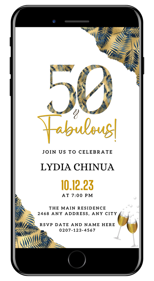 Gold Blue Tropical 50 & Fabulous Party Evite shown on a smartphone screen with a white and gold invitation design, blue and gold leafy patterns, and champagne glasses.