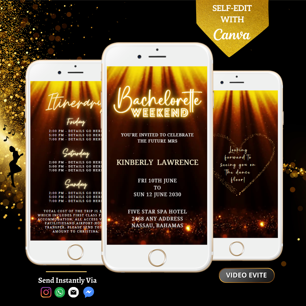 Group of smartphones displaying a customisable Gold Glitter Disco Bachelorette Video Invitation, showcasing editable text and images for personal event details.