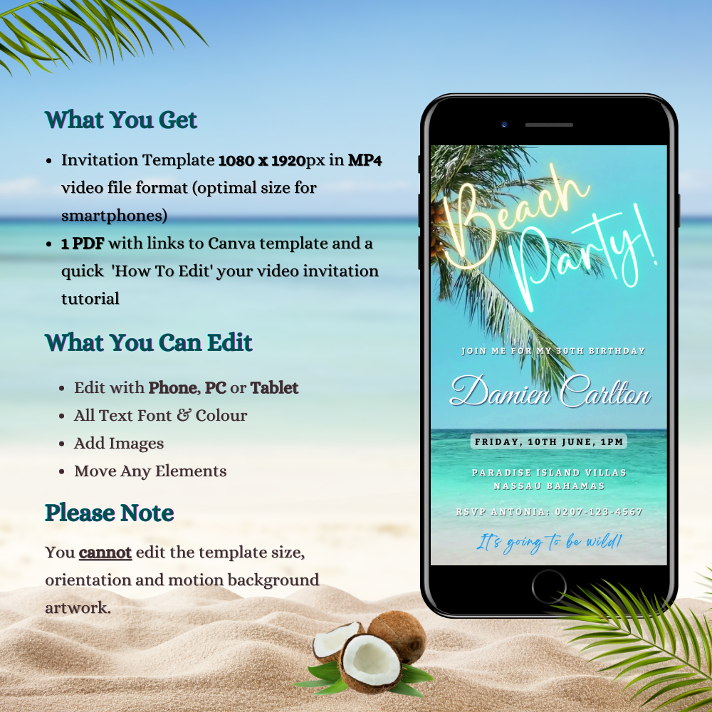 Palm Beach Shore Party Video Invitation displayed on a smartphone screen at the beach with palm trees and coconuts in the background.