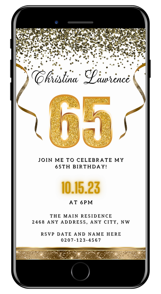 White Gold Confetti 65th Birthday Evite on a smartphone, featuring customizable gold text and ribbons, ideal for personalized digital invitations via Canva.