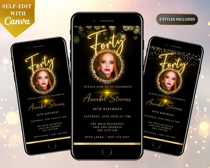 Group of smartphones displaying a customizable Oval Gold Photo Frame Neon 40th Birthday Evite with a woman's face, editable via Canva for digital invitations.