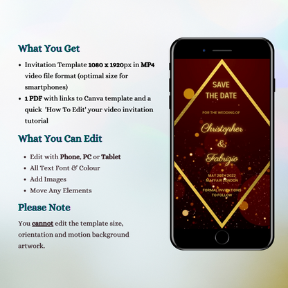 Burgundy Gold Diamond Save The Date Video Invitation displayed on a smartphone screen, showing customizable text for personalizing event details.
