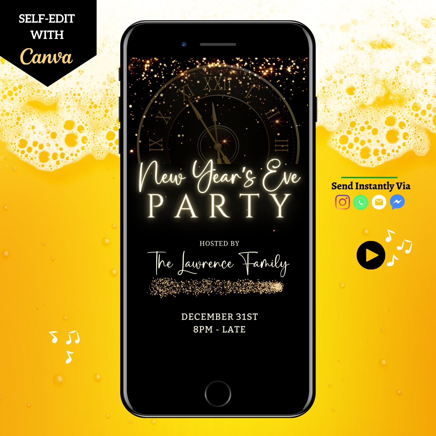 Countdown Clock New Year’s Eve Party Animated Invitation displayed on a smartphone screen, showcasing customizable digital invitation features for easy personalization via Canva.