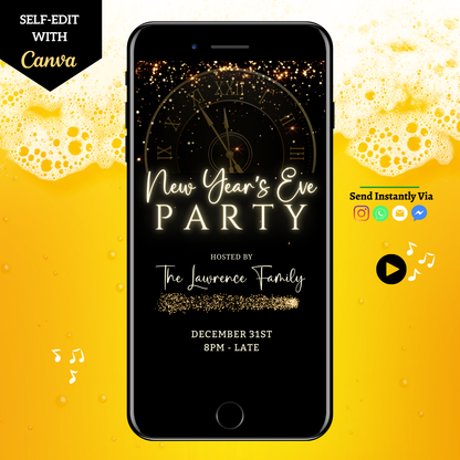 Countdown Clock New Year’s Eve Party Animated Invitation displayed on a smartphone screen, showcasing customizable digital invitation features for easy personalization via Canva.