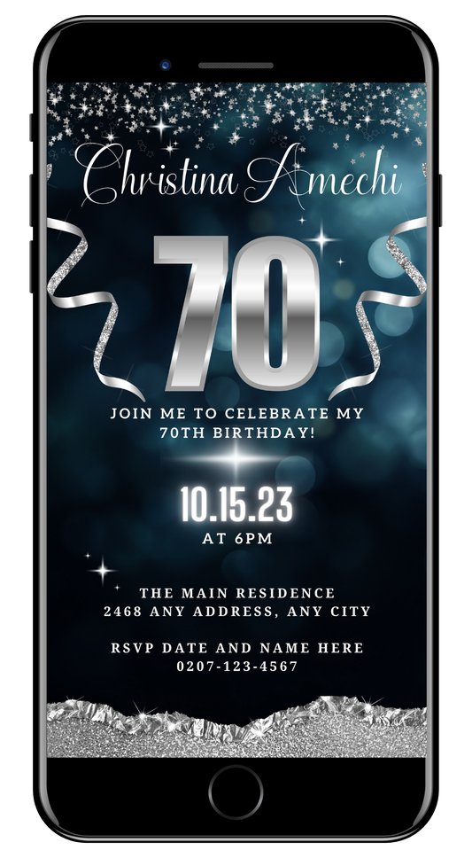 Customizable Navy Blue Silver Glitter 70th Birthday Evite displayed on a smartphone screen. Editable via Canva for digital sharing.