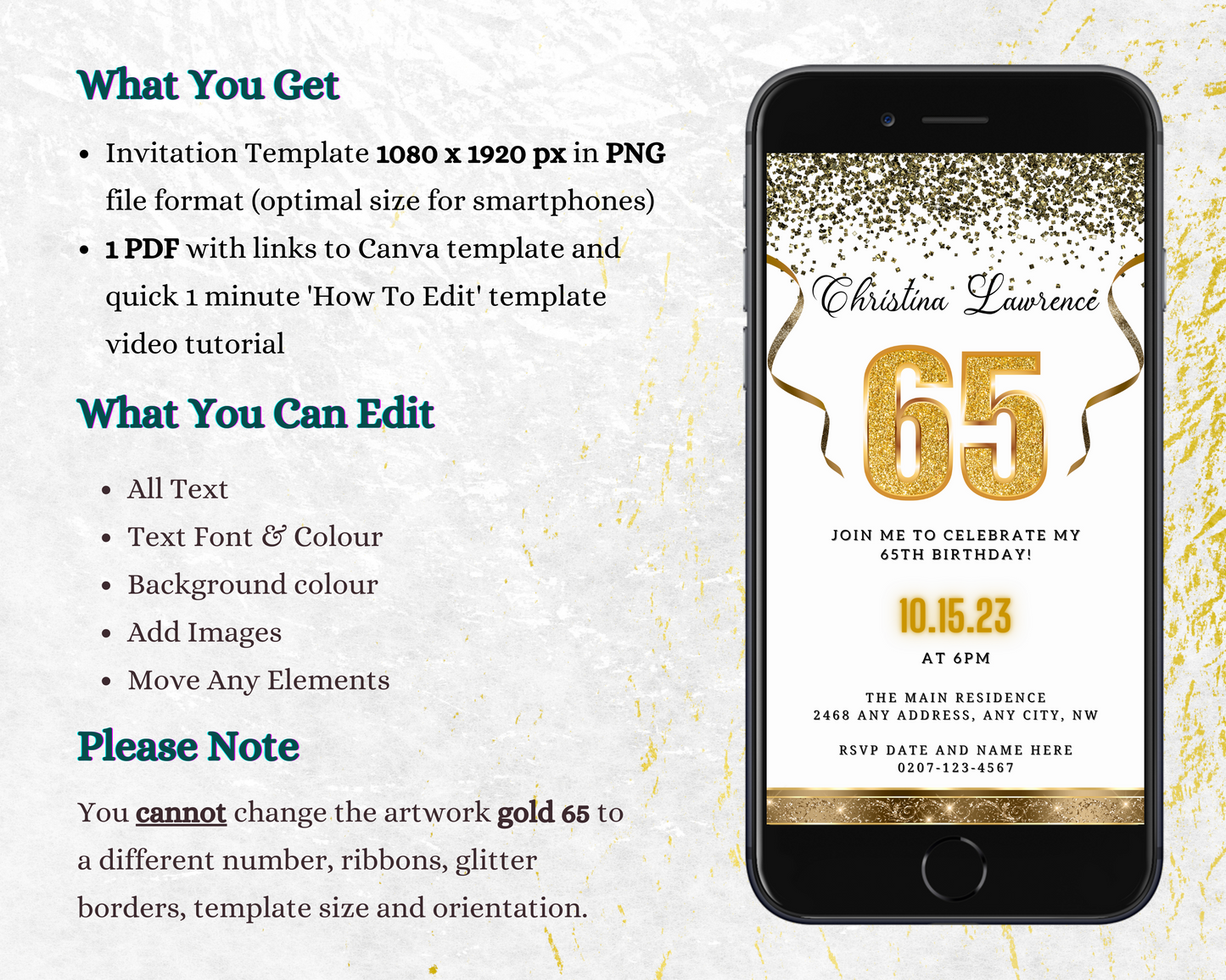 White Gold Confetti | 65th Birthday Evite displayed on a smartphone, customizable via Canva for digital invitations.