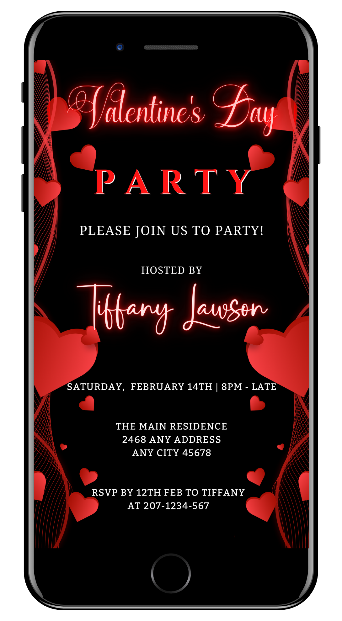 Black Neon Red Border Hearts Valentines Party Evite, featuring editable red hearts on a black background, customizable via Canva for digital sharing.