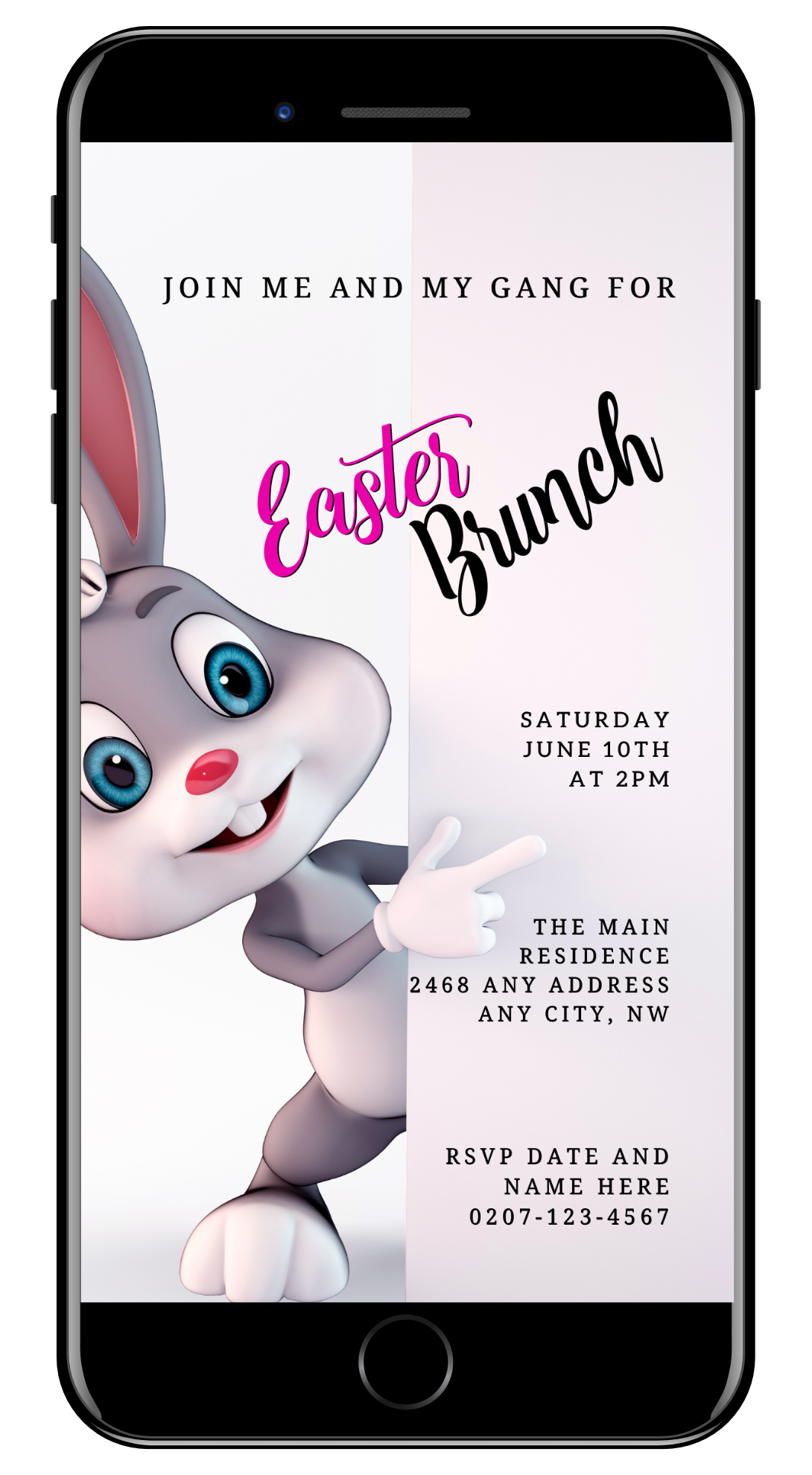 Cute Easter Bunny & Friends Evite shown on a smartphone screen, featuring a cartoon bunny pointing at a customizable white sign for event details.