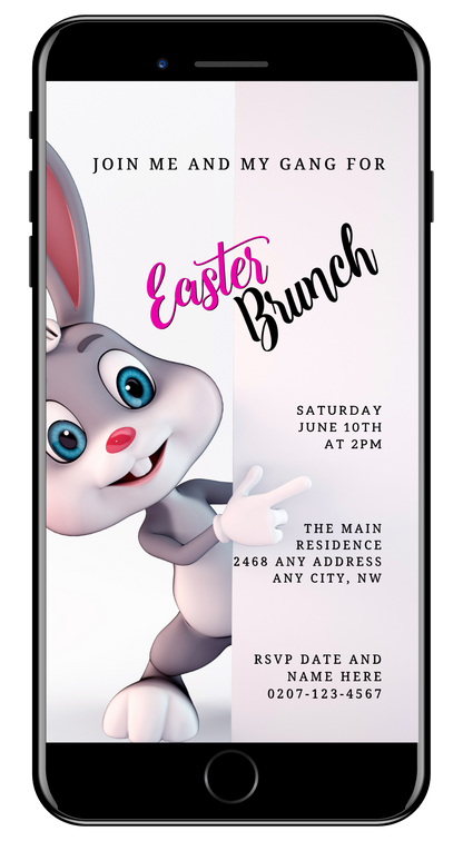 Cute Easter Bunny & Friends Evite shown on a smartphone screen, featuring a cartoon bunny pointing at a customizable white sign for event details.