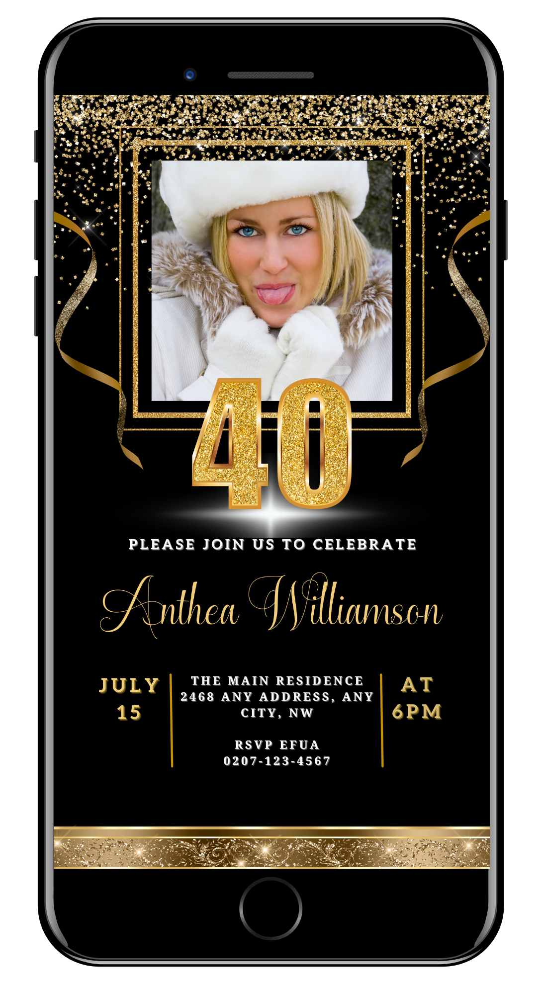 A customizable Black Gold Confetti 40th Birthday Evite template featuring a woman sticking her tongue out on a phone screen.