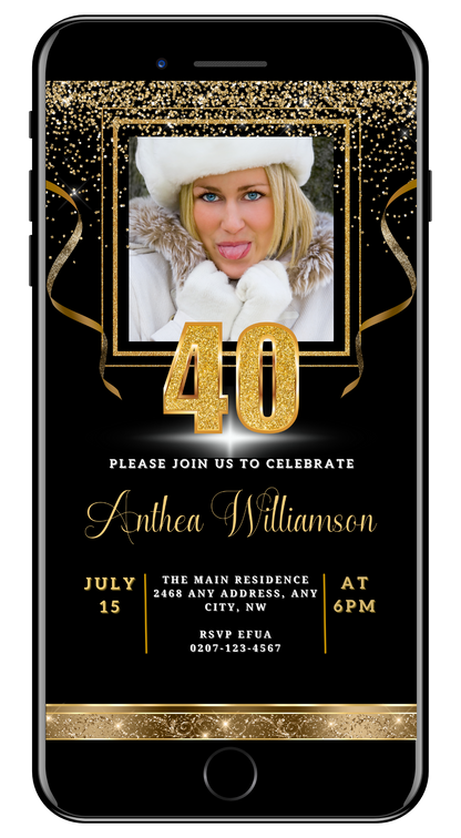 A customizable Black Gold Confetti 40th Birthday Evite template featuring a woman sticking her tongue out on a phone screen.