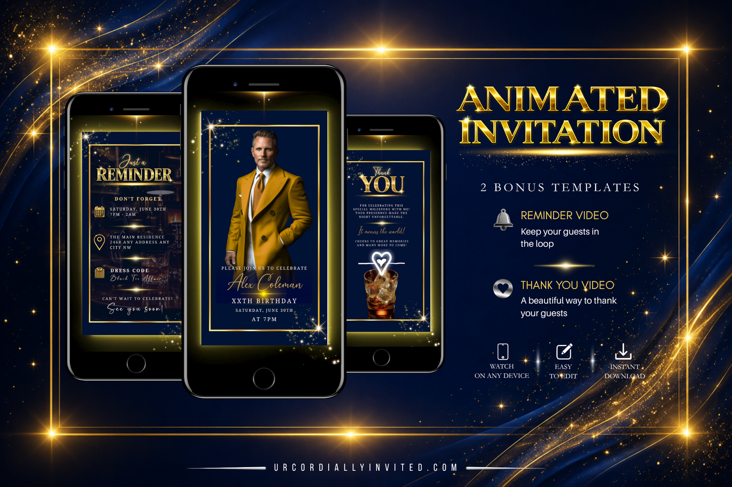 Blue Gold Neon Men’s Animated Birthday Invitation Suite With Photo