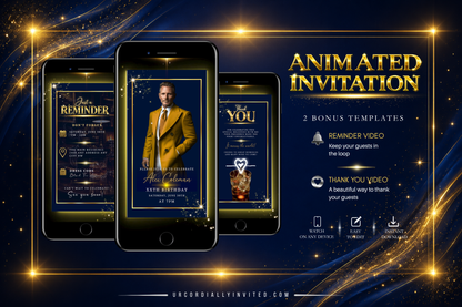 Blue Gold Neon Men’s Animated Birthday Invitation Suite With Photo