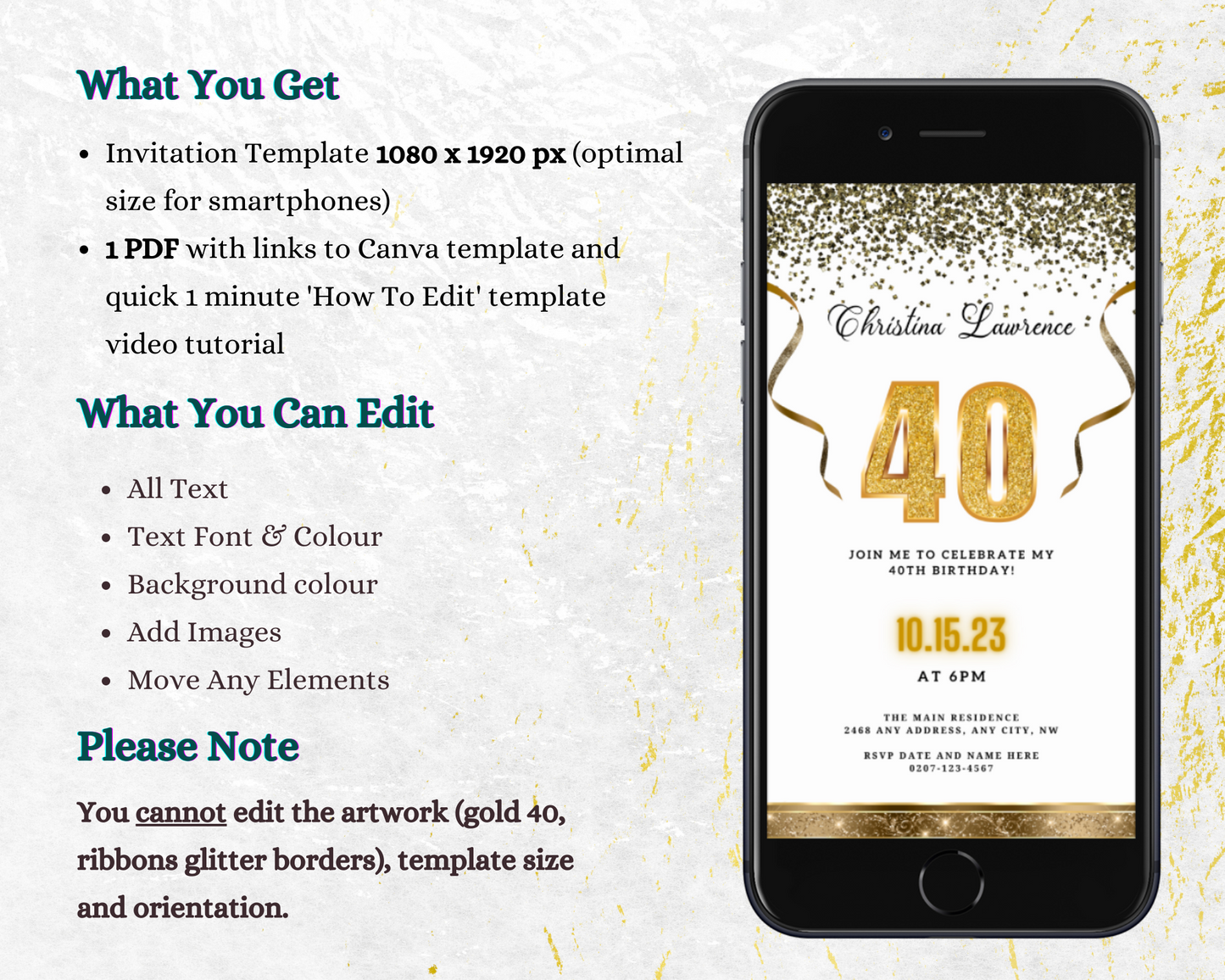 White Gold Confetti 40th Birthday Evite displayed on a smartphone screen with gold confetti and customizable text for digital invitations.