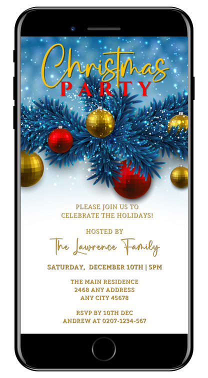 Phone screen displaying Blue Gold Red Ornaments | Christmas Party Invitation template, featuring festive ornaments and Christmas tree, customizable via Canva for easy digital sharing.