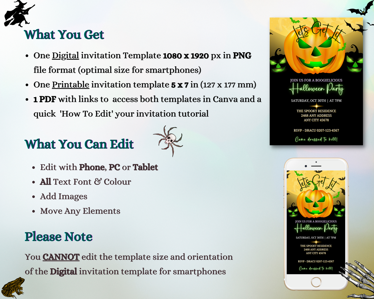 Yellow Smiley Neon Green Pumpkin Halloween Evite displayed on a smartphone screen, featuring customizable text and design elements, editable via Canva for digital invitations.