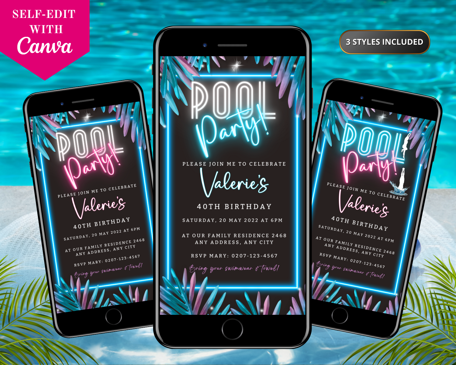 Customizable BBQ Swim Pool Party digital invite, displayed on a smartphone with neon lights, ready for personalization and electronic sharing.