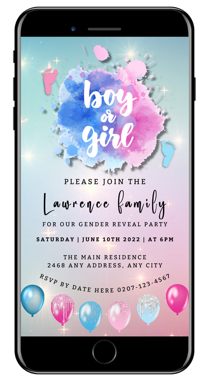 Customisable Digital Pink Blue Sparkle Feet Cloud | Gender Reveal Evite displayed on a smartphone screen with watercolor splash background.