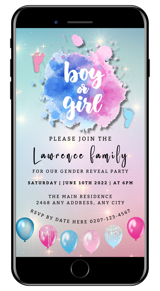 Customisable Digital Pink Blue Sparkle Feet Cloud | Gender Reveal Evite displayed on a smartphone screen with watercolor splash background.